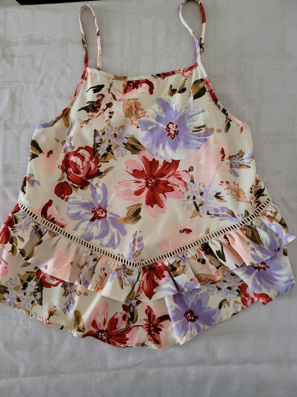 Floral Ruffle Cami Tank Top - Ivory with Red & Lavender Blooms